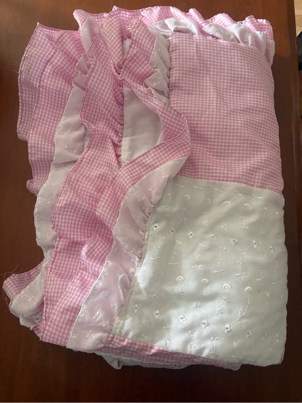 Pink Gingham Ruffle Kids Quilt with White Embroidered Panel